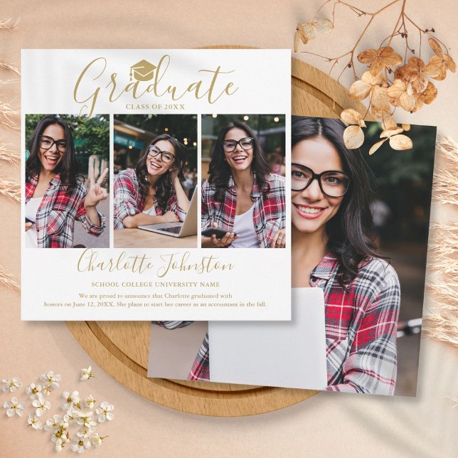 Faire-part Diplômé de l'écriture élégante en or 4 Photo Remis (Elegant Gold Script Graduate 4 Photo Graduation Announcement)