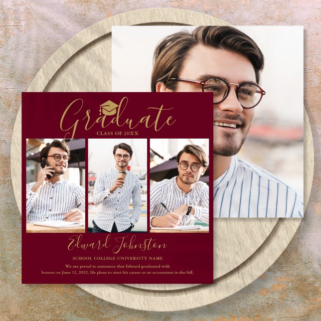 Faire-part Diplômé de l'Écriture Or Bourgogne 4 Photo Remise  (Burgundy Gold Script Graduate 4 Photo Graduation Announcement)