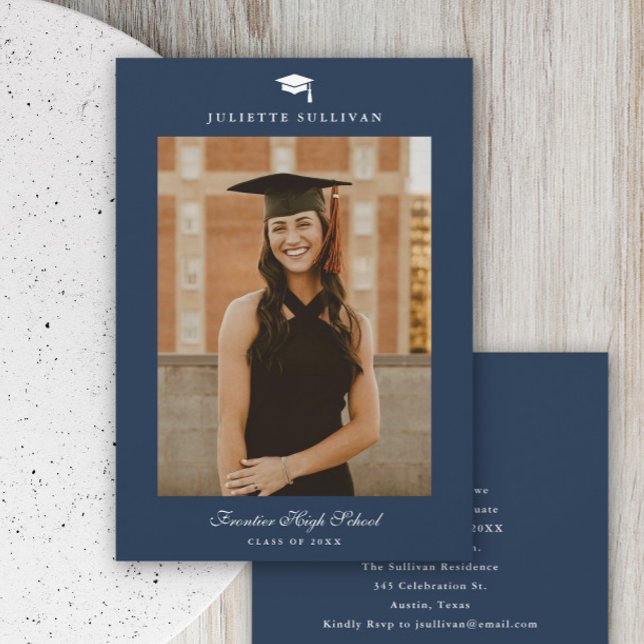 Faire-part Diplôme de Photo de Type Minimal (Simple typography navy blue photo graduation invitation.)