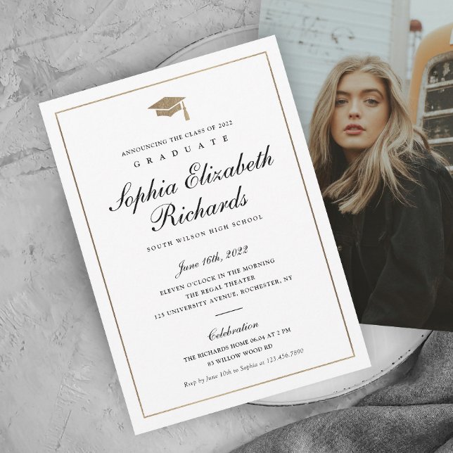 Faire-part Diplôme de Photo Or Script Classique (Elegant calligraphy black, white and gold photo graduation announcement.)