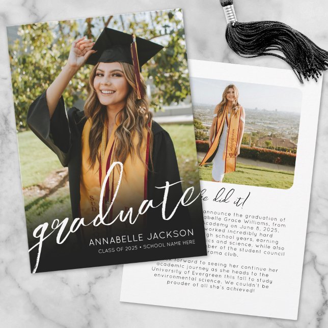 Faire-part Diplômé de script simple photo (Script Graduate Simple Photo Graduation Announcement )