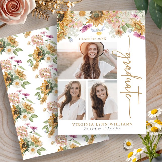 Faire-part Diplôme de tournesol (Sunflower Photo Collage Graduation Announcement by Painted Paperie
)