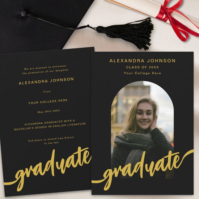 Faire-part Diplômé en photo d'architecture moderne (Modern black and gold script arch photo Graduation announcement card )