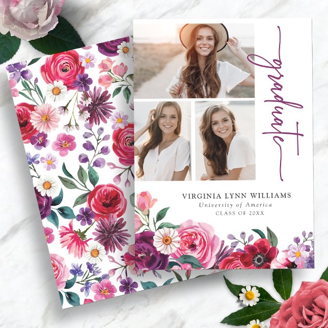 Faire-part Diplômé Floral Coloré (Colorful Watercolor Floral Graduation Announcement with Photo Collage by Painted Paperie)