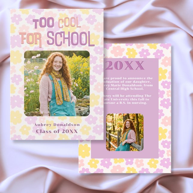 Faire-part Diplôme Floral Rétro Groovy Rose Jaune Violet (Retro Groovy Pink Yellow Purple Floral Graduation Announcement)