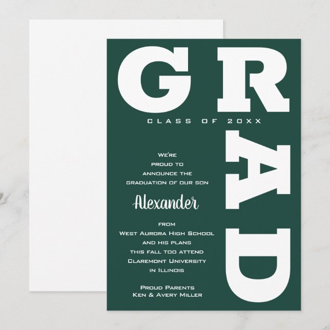Faire-part Diplôme GRAD Blanc Gras sur Vert Foncé Diplômé  (Devant / Derrière)