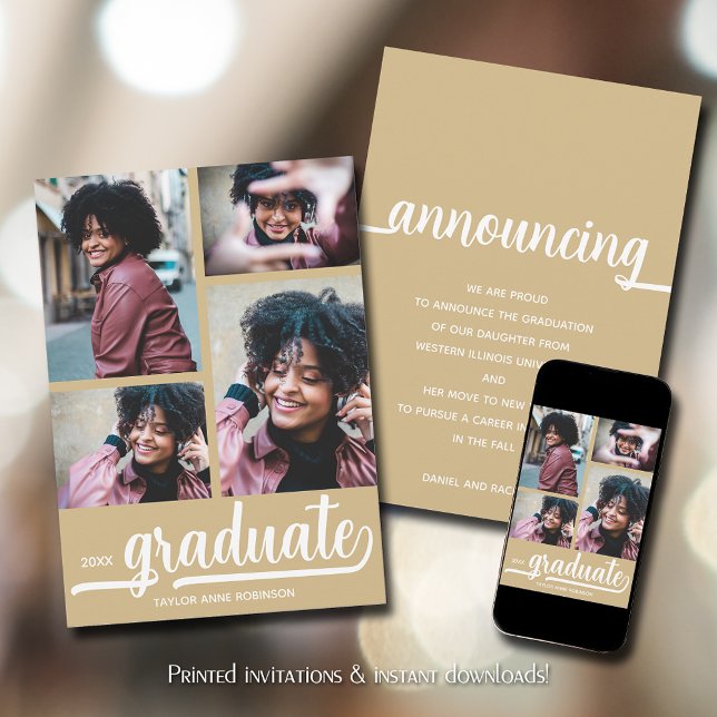 Faire-part Diplôme Moderne 4 Photos Or (Modern 4 photo collage gold graduation announcements)