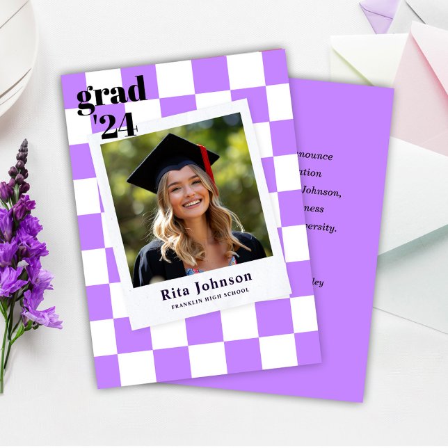 Faire-part Diplômé Moderne Design Photo À damiers Diplôme (Purple Modern Stylish Photo Checkered Graduation Announcement)
