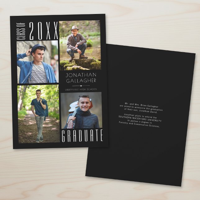 Faire-part Diplômé Moderne Élégant Quatre Photos Noir (Créateur téléchargé)