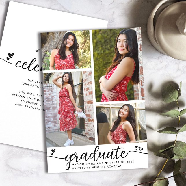 Faire-part Diplômé Noir Blanc 4 Appels Photo Calligraphie Cœu (Créateur téléchargé)