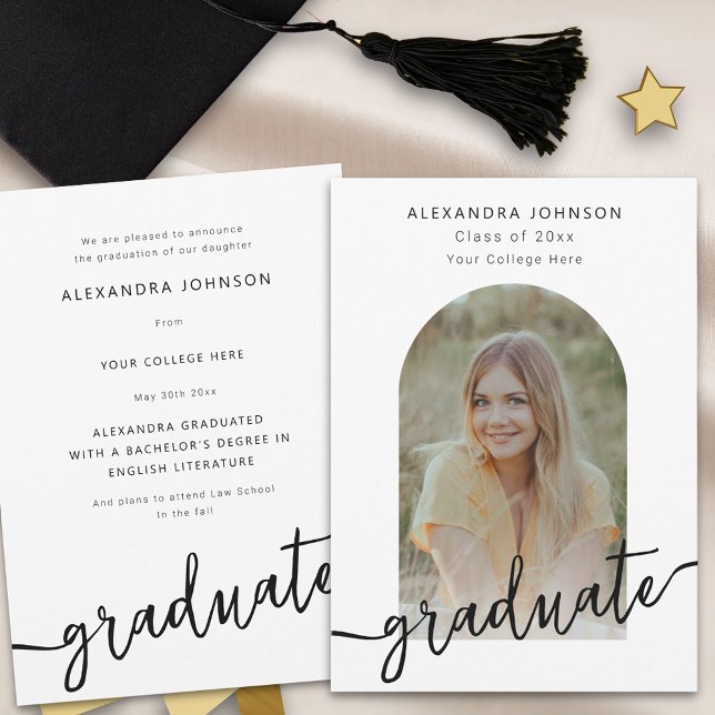Faire-part Diplôme photo Arc de script moderne (Modern trendy script arch photo template graduation announcement card stylish elegant chic)