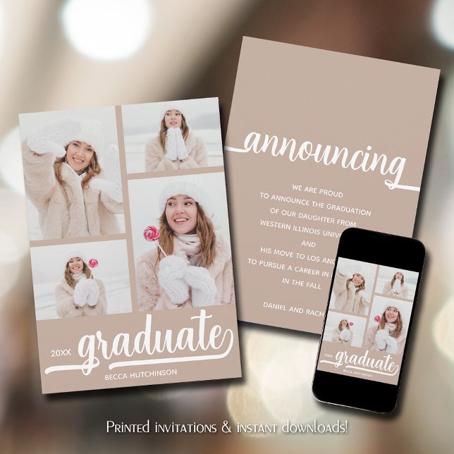 Faire-part Diplôme photo Chic 4 (Chic 4 photo taupe-beige graduation announcements)