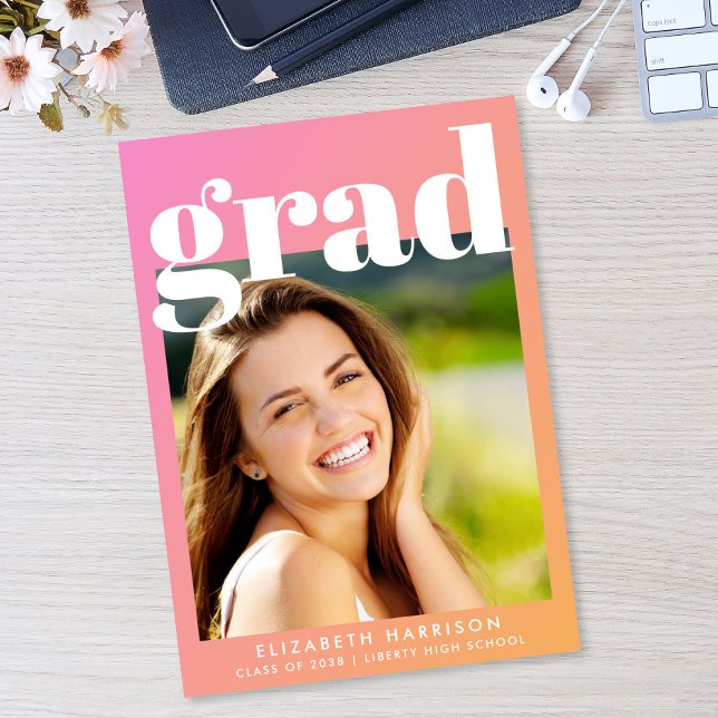 Faire-part Diplôme Photo Rose Orange Tendance (Trendy Pink Orange Photo Graduation Announcement)