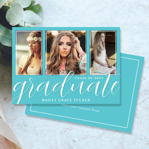Faire-part Diplômé Script 3-Photo Turquoise Graduation