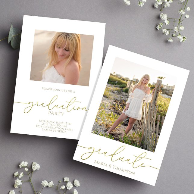 Faire-part Diplômé Simple Élégante Typographie Photo Or (Elegant gold typography graduation announcement with customizable graduate photo design.)