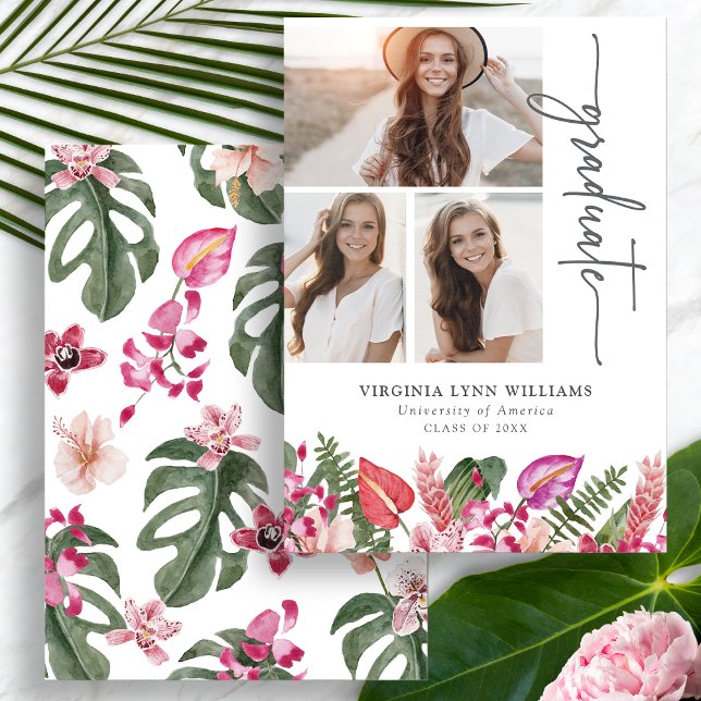 Faire-part Diplômé Tropical (Tropical Watercolor Floral Graduation Announcement Photo Collage by Painted Paperie
)