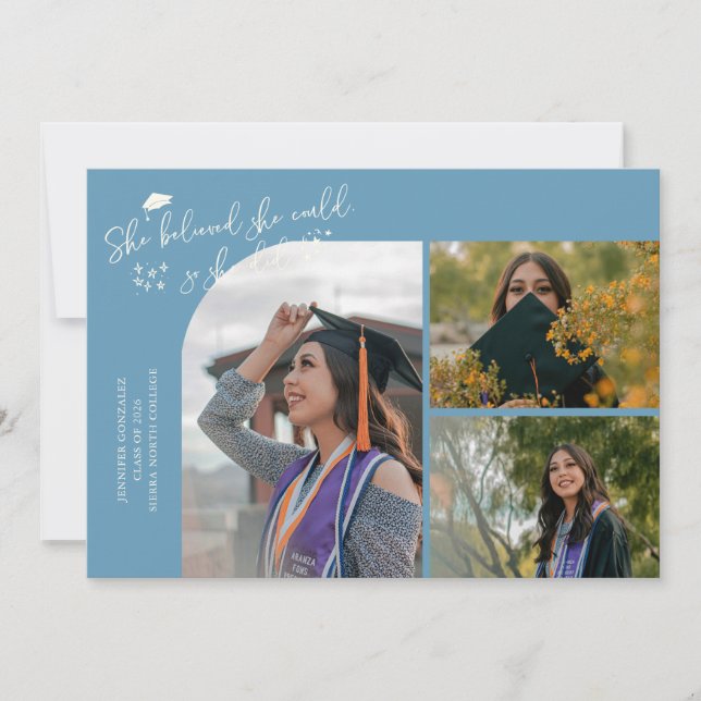 Faire-part Diplômée Bleu Denim Elle a Cru Multi Photo (Devant)
