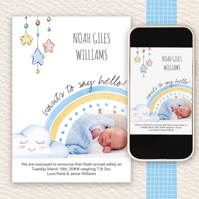 Faire-part Dites Bonjour Photo mignonne Rainbow Nursery Boy B (Photo Baby Boy Birth Announcement with Cute Rainbow)