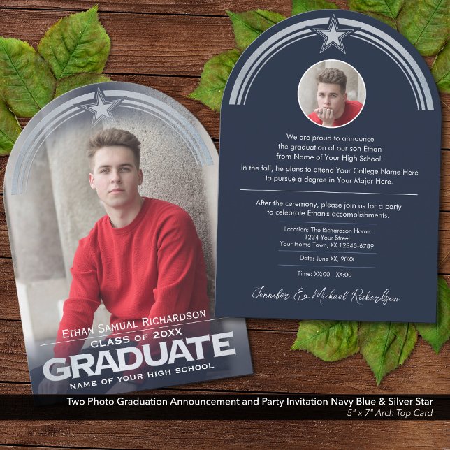 Faire-part d'obtention du diplôme et invitation de (Two Photo Graduation Announcement & Invite: Dark Navy Blue & Faux Metallic Silver Embossed Details.)