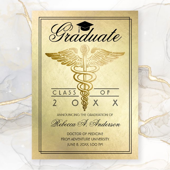 Faire-part Docteur en Diplôme Caduceus Casquette de la Diplôm (Medical Gold Cadences Graduation Announcement)