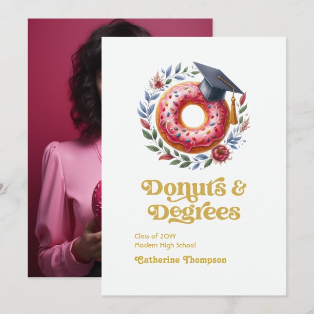 Faire-part Donuts roses et dorés et photo de remise de diplôm (Devant / Derrière)