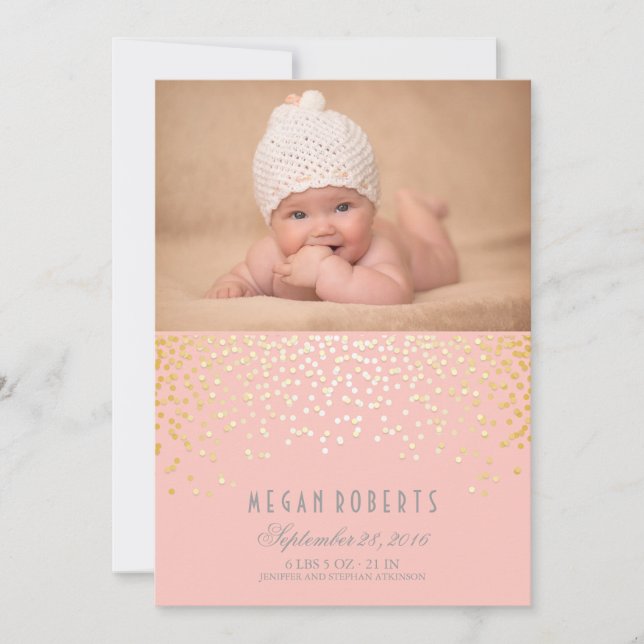Faire-part Dots Gold Confetti rose Nouveau-né Photo Naissance (Devant)