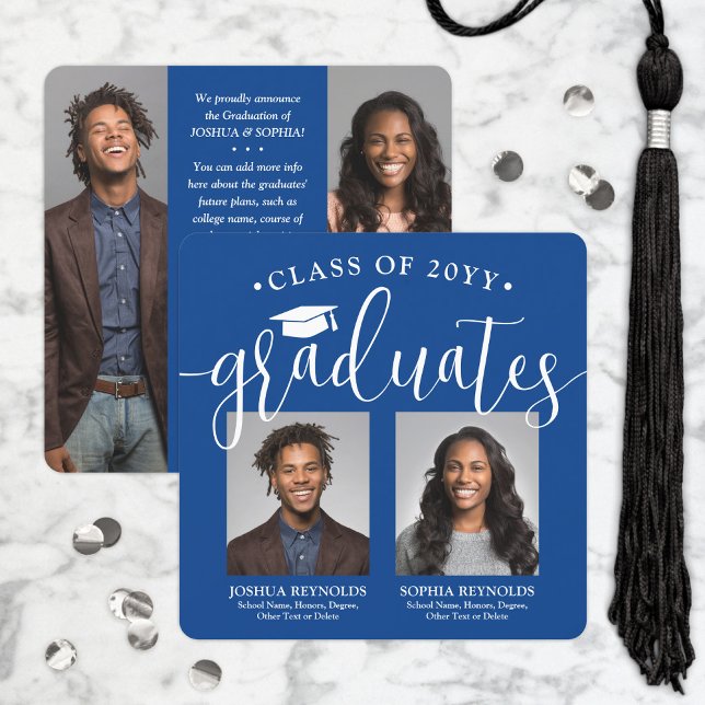 Faire-part Double Graduation 2 Grads & 4 Photos Royal Blue (Créateur téléchargé)