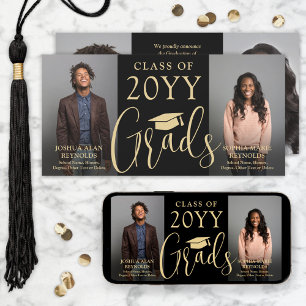 Faire-part Double Graduation 2 Grads Black & Gold Joint Photo