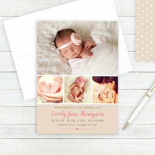 Faire-part Douce et Simple Collage de Naissance Fille en Beig
