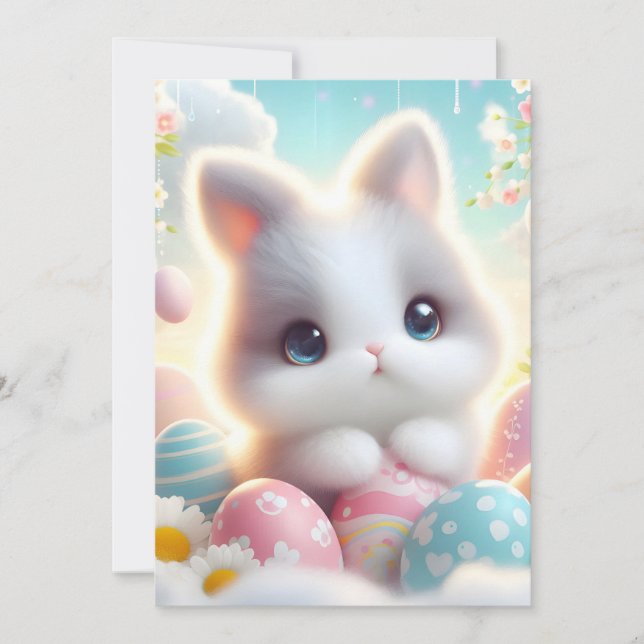 Faire-part Doux œufs de Pâques pastel Kawaii chaton (Devant)