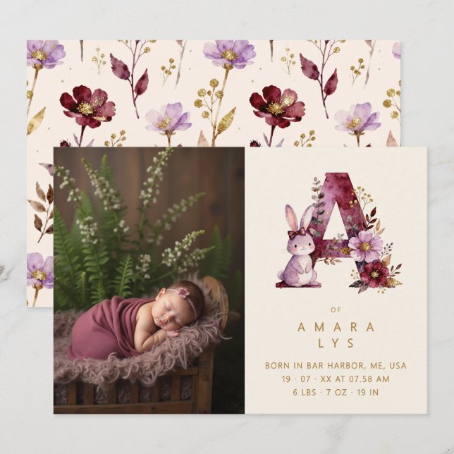 Faire-part Dreamy Bunny A Initial Gold Glitter Newborn (Devant / Derrière)