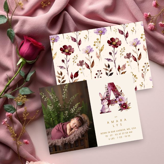 Faire-part Dreamy Bunny A Initial Gold Glitter Newborn (Dreamy Funny Bunny Romantic Floral A Initial in Burgundy & Gold Glitter Effect for Newborn Photo.)