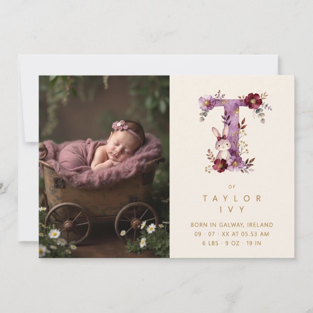 Faire-part Dreamy Bunny T Initial Gold Glitter Newborn (Devant)