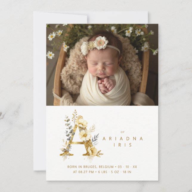Faire-part Dreamy Floral A Initial Gold Glitter Newborn (Devant)