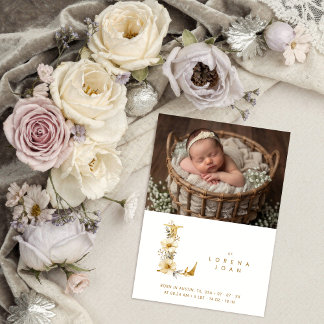 Faire-part Dreamy Floral E Initial Gold Glitter Newborn
