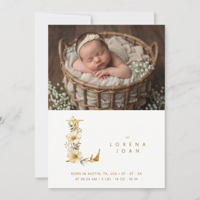 Faire-part Dreamy Floral E Initial Gold Glitter Newborn (Devant)