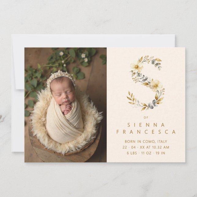 Faire-part Dreamy Floral S Initial Gold Glitter Newborn (Devant)