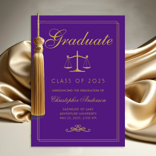 Faire-part Droit Purple Gold Scales of Justice Graduation