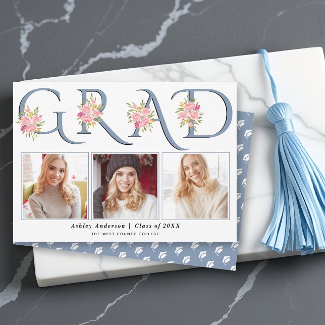 Faire-part Dusty bleu GRAD typographie rose roses photo (Créateur téléchargé)