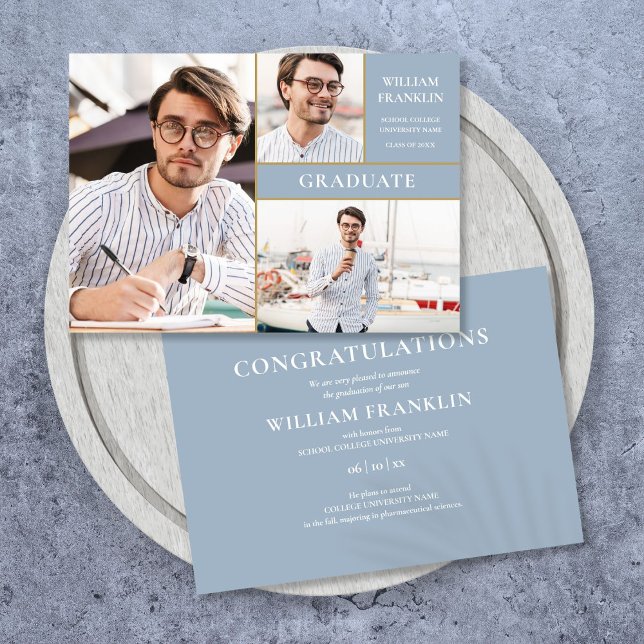 Faire-part Dusty Blue Graduate Gold 3 Photo Graduate (Dusty Blue Graduate Gold 3 Photo Graduation Announcement)