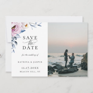 Faire-part Dusty Blue Mauve Floral Photo Enregistrer La Date