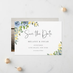 Faire-part Dusty Blue Yellow Floral Photo Enregistrer la date