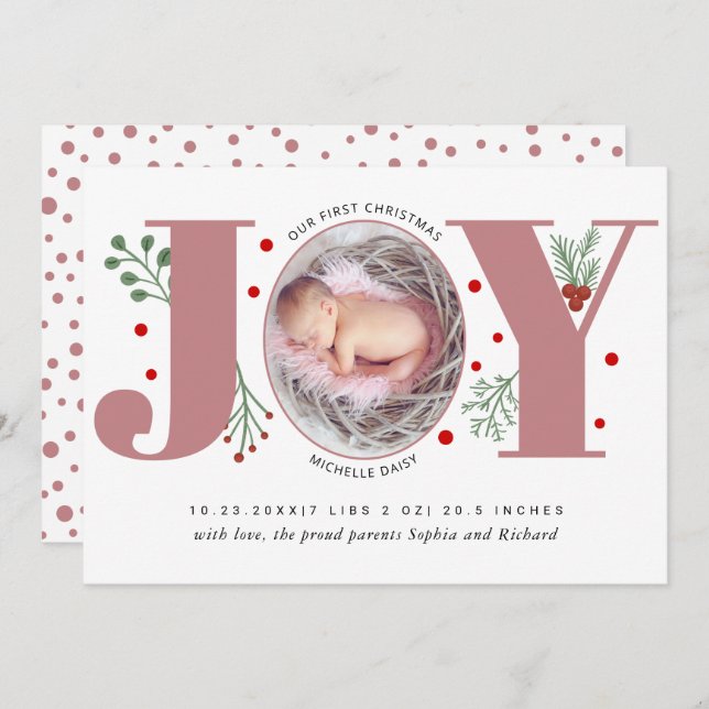 Faire-part Dusty rose Joy Première photo de Noël naissance bé (Devant / Derrière)