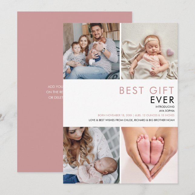 Faire-part Dusty Rose rose bébé fille 4 photo naissance (Devant / Derrière)