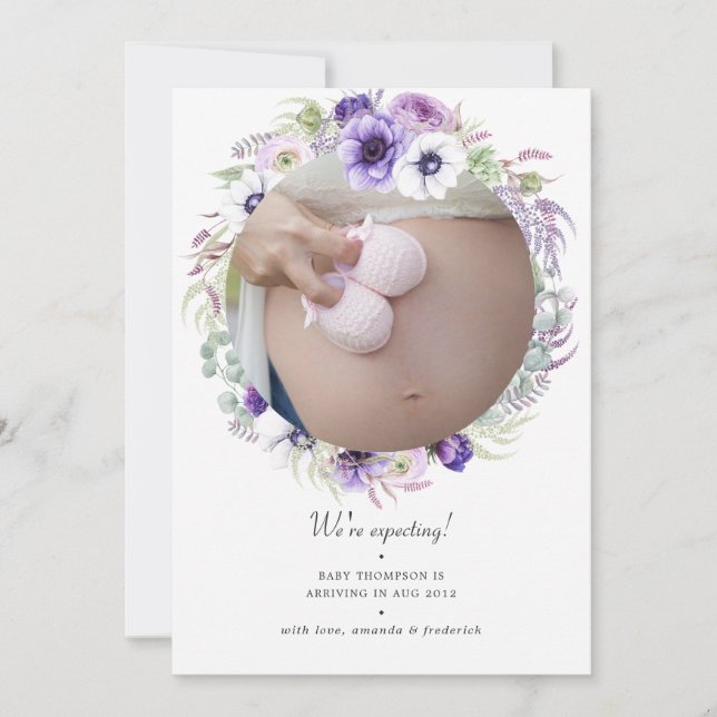 Faire-part Dusty Violet Pastel Floral Photo Grossesse (Devant)