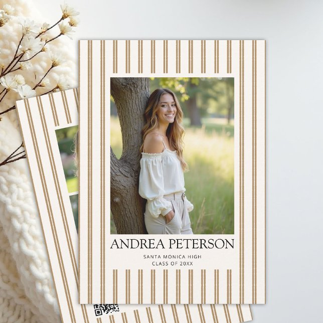 Faire-part Earthy Stripes Graduation Photo Collage QR Code (graduation announcement party invitation photo collage earthy organic natural stripes tan beige)