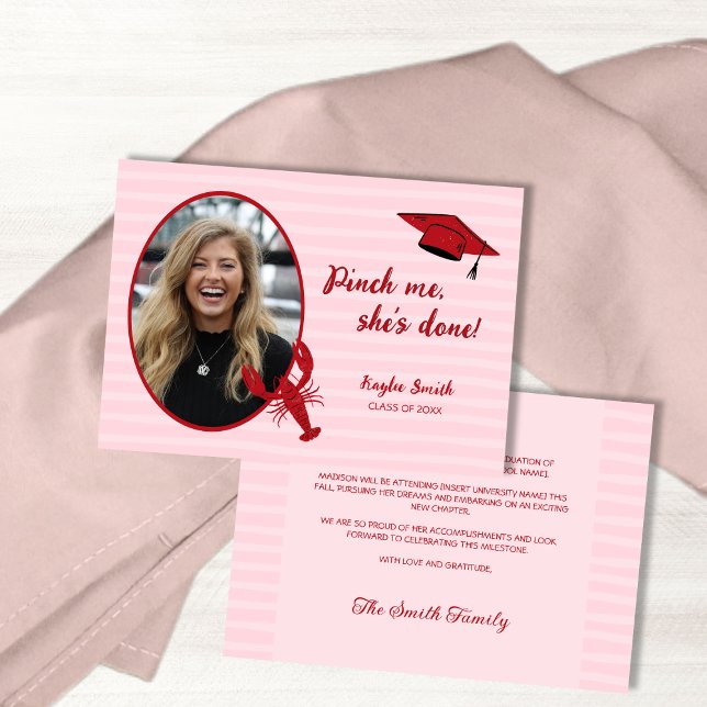 Faire-part Ébullition de l'écrevisse me Pinch Rose & Rouge Ph (Crawfish Boil Pinch Me Pink & Red Photo Graduation Announcement)