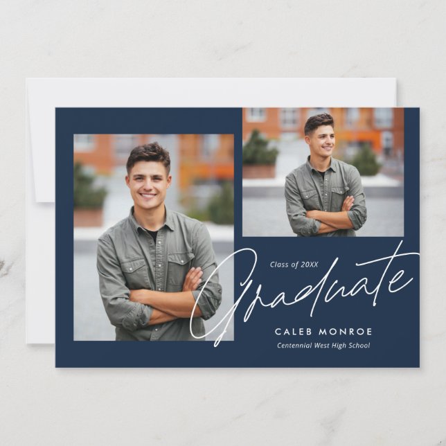 Faire-part Écriture calligraphique moderne Navy 3 Photo Gradu (Devant)