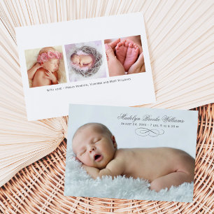 Faire-part Écriture Élégante Gris Bébé Multi Photo Naissance