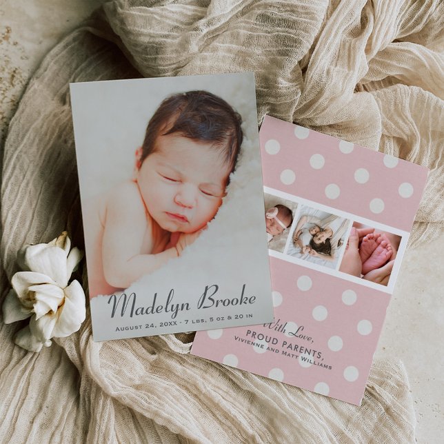 Faire-part Écriture Élégante Rose Fille Naissance Multi Photo (Créateur téléchargé)